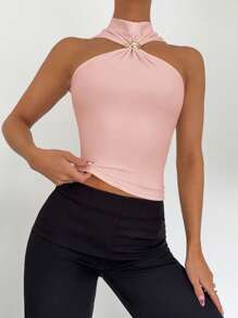 Siren Gaze Women's Summer Sleeveless Stand Collar Top With Metal Decoration, Commuting And Casual Vacation Blouse