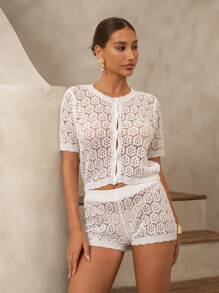 Swim Chiccia 2pcs/Set Summer Beachside Hollow Out Short Sleeve Cardigan & Shorts Set, Fashionable Round Neck, Lightweight - White - View 5