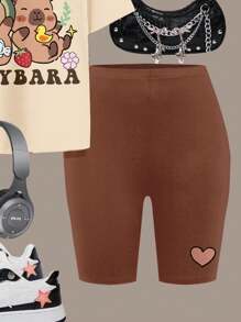 SHEIN 2 Stücke Set für Tween Mädchen mit süßem Capybara Muster, lockeres Kurzarm-T-Shirt und Shorts, Pastellfarbe, lässig und schlicht, geeignet für den Sommer