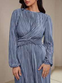 Veilorie Vestido plisado con nudo a la cintura de unicolor elegante para mujer, modesto para primavera y otoño