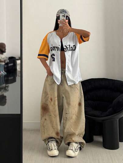 StreetHx Women's Casual Colorblock Print Short Sleeve Shirt, Street Style, Summer