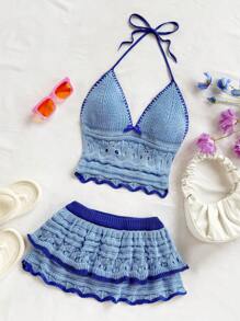 Soleia Women's Holiday Casual Contrast Trim Backless Halter Top And Mini Skirt 2 Pieces Set Beach Vacation Outfits Spring Summer Outfits For Women West Music Festival Bohemia Boho Beach Outfits For Woman Set Summer Two Pieces Set Vacation