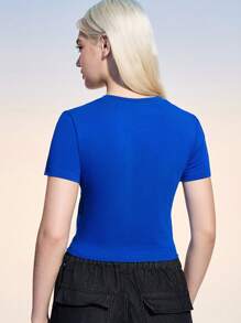 SmileyWorld® | SHEIN Áo thun cổ tròn tay ngắn họa tiết mặt cười và chữ cho nữ - Màu xanh lam - Xem 2