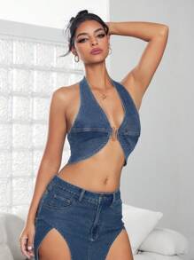 SHEIN ICON Women's Simple Solid Denim Top - Blue - View 4