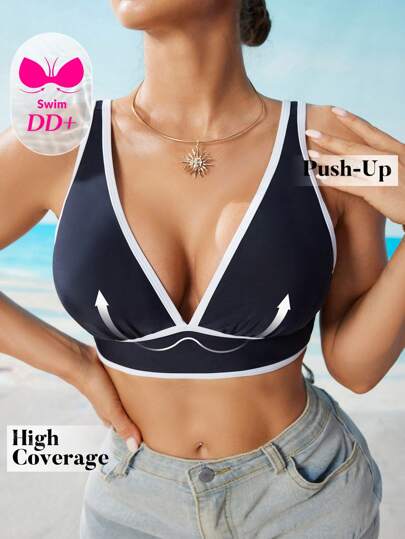 Swim DD+ 1 Pieza Top de traje de baño de mujer elegante y sexy con cuello halter en blanco y negro para playa y vacaciones de verano