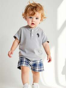 SHEIN Playful Pals Ropa para bebés niños - Camisa polo de manga corta casual para hombres con patrón de caballo bordado, textura con cuentas, adecuada para actividades al aire libre y en interiores en primavera y verano