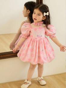 Girls' Elegant Rose Printed Organza Princess Dress With Puff Sleeve, Ruffle Hem And Waist Decoration, Cute Sweet Bubble Dress Suitable For Holidays, Parties, Birthdays, Summer - Pink - View 3