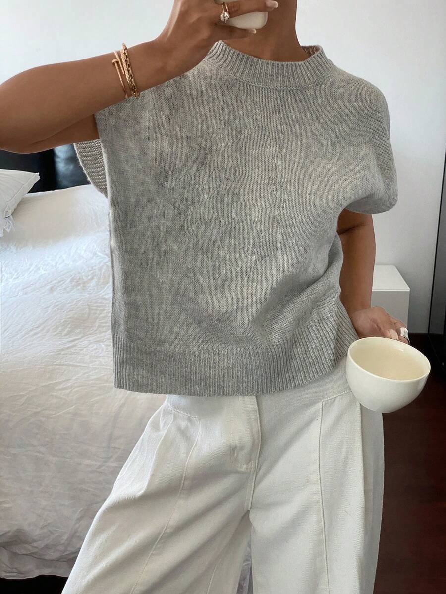 SHEIN Frenchy Plus Size Women Casual Elegant Short Sleeve Knit Sweater Suitable For Going Out,Fall Clothes For Women