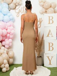 Loomaby Maternity Solid Applique Bodycon Cami Mini Dress, Summer - Khaki - View 2