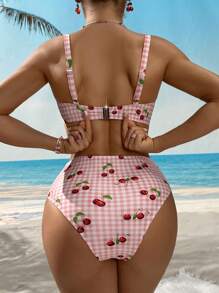 Swim DD+ Plus Size DD+ Sweeten Cherry Pattern Underwire Bikini Set For Summer Beach Vacation - Multicolor - View 2