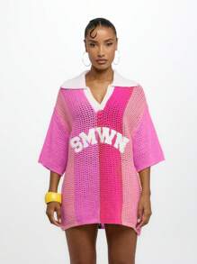 SUMWON WOMEN Crochet Oversized Polo Collar Pullover Mesh Knit Beach Top Summer Vacation Resort Holiday Casual Wear,Tops For School