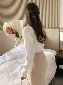 DAZY Áo len cardigan thắt eo màu trơn thường ngày cho nữ, thu/đông, dài tay - trắng - Xem 2