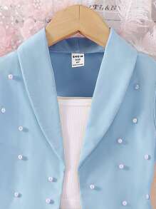 SHEIN 3pcs/Set Young Girl Girls Pink Blazer, Pearl Embellished Knit Camisole And Shorts, Casual Elegant Summer Vacation Set