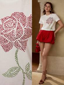 MOTF PREMIUM CAMISETA CON ESTAMPADO DE ROSA CON STRASS - Blanco - Ver 1