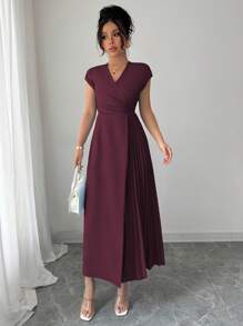 Elenzga 女士优雅简约纯色交叉 V 领连衣裙，腰部褶皱，落肩长袖，适合通勤、办公室、商务、休闲或下午茶，春夏季 - 紫紅色 - 查看 3