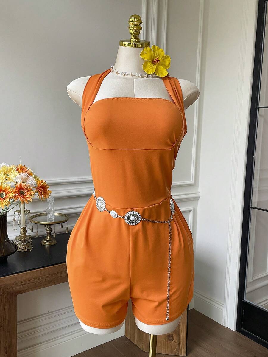 SHEIN EZwear Plus Size Orange Halter Tie-Waist Ruffle Decorated Jumpsuit, Resort Style For Spring/Summer - Orange - View 1