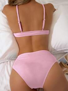 SHEIN Swim Women's Solid Color Sexy Bikini Set For Summer Beach, Wireless - Baby Pink - View 2
