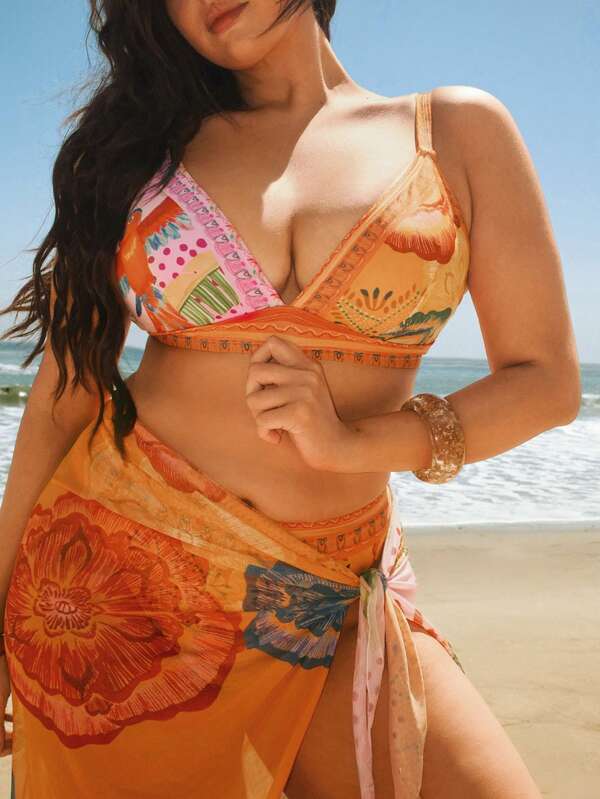 Travachic Plus Size Casual Vacation Tropical Color Block Patchwork Parrot & Floral Print Tie-Up Sexy Women Summer Beach 3-Piece Bikini Set Swimwear