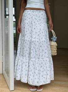 SHEIN EZwear Women Floral Print Elastic Waist Ruffled Hem A-Line Skirt