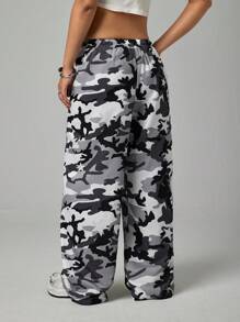 SHEIN PETITE Grey Camouflage Women's Woven Wide Leg Pants - Grey - View 2