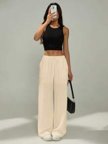 SHEIN PETITE 女式纯色打结口袋休闲假日裤 - 米色 - 查看 3