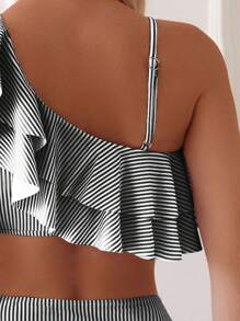 SHEIN Swim Women Random Striped Splice Ruffle Shoulder Strap Top And High Waist Swim Bottoms Spaghetti Strap Bikini Set For Summer Beach Vacation - Black and White - View 4