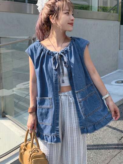 FRIFUL 女士节日抽绳领系带牛仔夹克，带口袋和荷叶边下摆装饰