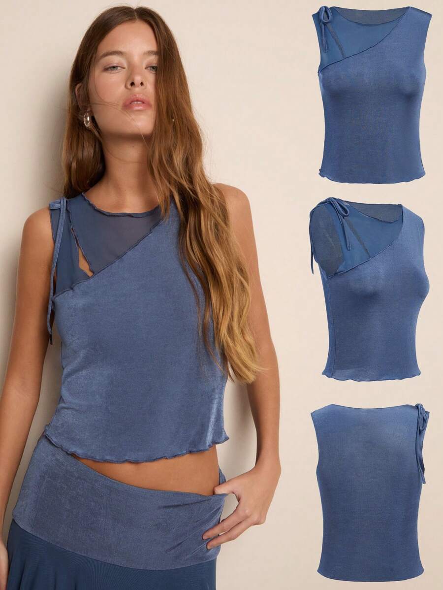 Nöista Blue Mesh Patchwork Crop Top Featuring An Asymmetrical Sleeveless Design With Distinct Y2K Summer Style