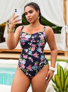 Swim Lushoire Plus Size Women One Piece Floral Print Crossed Front Design Ruched & Adjustable Shoulder Strap Loose Fit Casual Vacation Swimsuit For Summer - Black - View 3