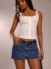 Avantive Women's Summer Basic Dark Blue Washed Denim Shorts/Decorated Leather Label/Summer Denim Shorts/Cute/Outing/Vacation/Office Wear