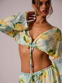 MUSERA Top court à manches longues avec imprimé de fruits, col plongeant et nœud devant. Mignon, idéal pour les vacances, les festivals, sexy et élégant. Couleur jaune beurre. Parfait pour la plage, Ibiza, les sorties et les soirées. Élégant pour le printemps et l'été. - Multicolore - Voir 2