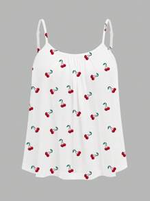 Comfortcana 3 件加大码女式纯色蝴蝶结和樱桃图案褶皱宽松吊带背心，可调节肩带，适合春夏季 - 彩色 - 查看 3