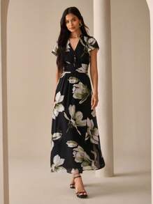 Lilora Women's Elegant Printed Dress, Suitable For Commuting, Daily Wear, And Gatherings Urban Style Floral Long Leisure, - Black - View 4