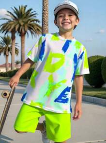 SHEIN Tween Boys 2pcs/Set Letter Print Short Sleeve T-Shirt & Solid Shorts Summer Outfit