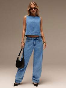 SHEIN Forever 21 女士秋冬正装/返校季/万圣节/婚礼宾客/度假/千禧年/海滩/可爱/教师/外出/商务休闲/优雅/生日/办公室/乡村音乐会/夜店性感/西部风/工作/街头风/复古/节日/鸡尾酒会/锐舞派对/毕业舞会/夏威夷/机场/趣味/基础款/早午餐/2000年代风格/老钱风格/教堂/返校节/高贵/派对/端庄/约会之夜/牛仔女郎/无袖牛仔上衣 - 藍色 - 查看 4