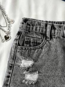 SHEIN Tween Girl Y2K Casual Spring Summer Boho Ripped Raw Hem Denim Jeans Shorts, Summer, Kid Spring And Summer Casual Vacation Country Boho Wear, Beach For Kid Girls, Western Street Wear For Girl, Spring Break, Rave Festival Denim Shorts