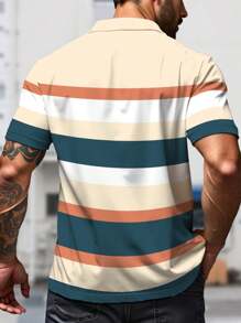 Manfinity Homme Plus Size Men's Summer Letter & Striped Short Sleeve Casual Commuting Polo Shirt - Multicolor - View 2