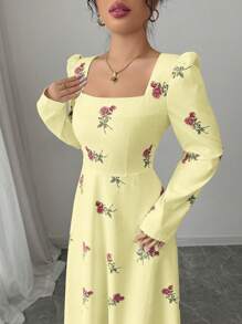 Modelyn Women's Printed Mixed Fabric Splice Long Fitted Dress Fall Cloth For Women - Yellow - View 4