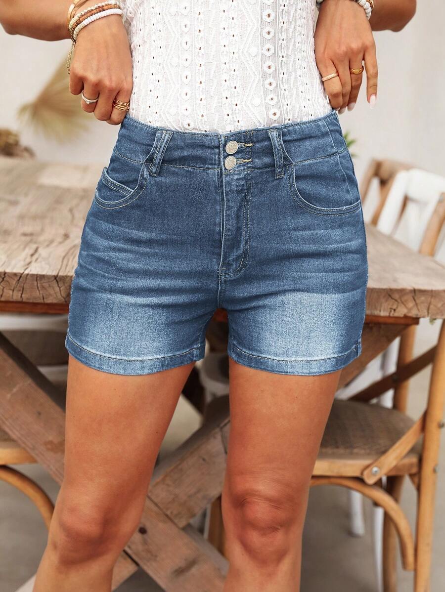 SHEIN LUNE Shorts de mezclilla casuales para mujer con bolsillo y cierre de botones de colores contrastantes, para el verano - Azul - Ver 1
