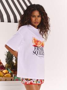 MUSERA Oversized Fruit Graphic Slogan T-Shirt Spring, Summer, Ibiza, Holiday, Cute, Festival, Vacation Beachwear, Beach, Boho Graphic Tees Baggy Oversized Cute Summer Tops Airport Holiday Airport Holiday Graphic Tees Oversized