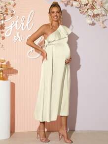 Loomaby Robe élégante pour femmes enceintes avec encolure asymétrique volantée de couleur unie - Nude - Voir 4