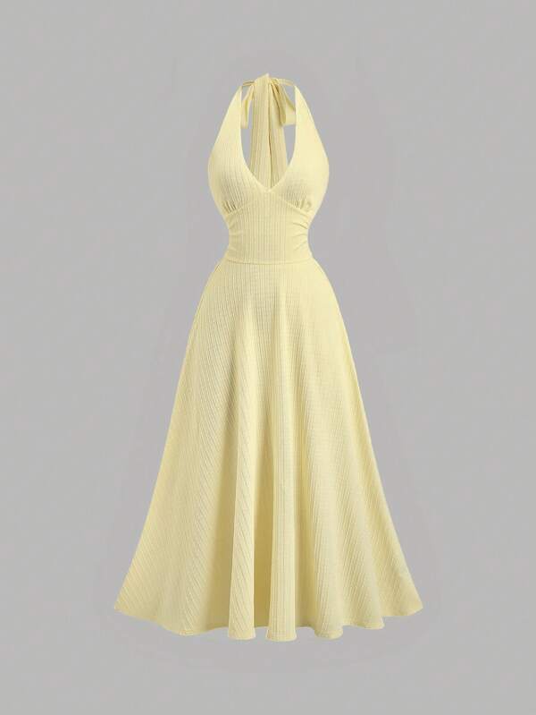 Sweetra French Style Yellow Elegant Knitted Halterneck Ruched Waist Sexy Dress For Women, Fashionable Spring/Summer