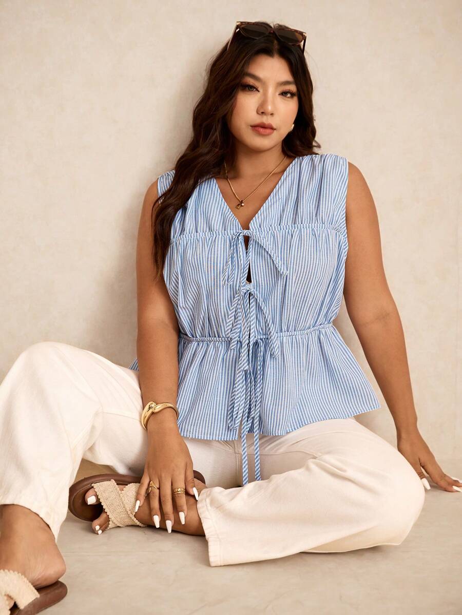 Elaquor Plus Size Casual/Work Striped Ruched Tie Waist Sleeveless V-Neck Top - Blue and White - View 1