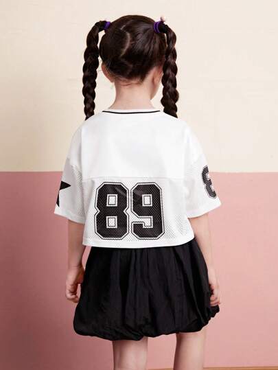SHEIN Áo thun ngắn tay dệt kim họa tiết chữ và số cỡ lớn cổ chữ V cho bé gái