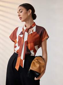 Chiquease 女士优雅休闲印花系带衬衫上衣，舒适的日常通勤穿着 - 橘色 - 查看 2