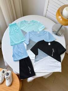 Genkimix Kids 6件套幼儿男童休闲运动学院风别致可爱三色字母印花短袖T恤+短裤套装，适合日常穿着、上学、外出、体育活动、春夏季节。这款百搭的服装组合为小男孩提供了多种造型选择，设计简约而时尚，舒适又时尚。 - 彩色 - 查看 2