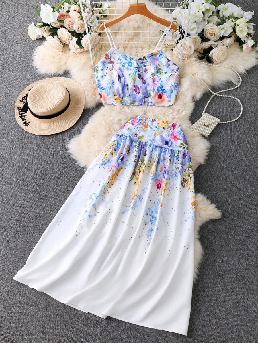 DreamSkyne Plus Size Floral Print Camisole Top + Mini Skirt 2Pcs Set