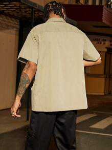 PAVTROS Áo sơ mi nam Manfinity Streetrush dáng rộng, thiết kế túi tiện dụng, áo sơ mi tay ngắn cài nút màu xanh, áo sơ mi thường ngày nhiều túi, thời trang đường phố - Màu Khaki - Xem 2