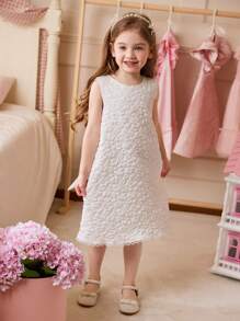 SHEIN 年轻女孩优雅象牙色提花蝴蝶结装饰无袖连衣裙 - 白色 - 查看 2