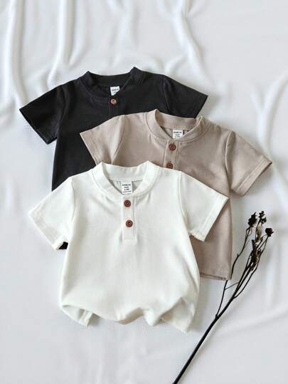 SHEIN Vintaside Kids 3pcs Baby Boy Solid Color Simple Short Sleeve T-Shirts, Black, White, Charcoal Gray, Fashion & Versatile, Suitable For Outdoor, Casual, Workout, Party And More Occasions Baby Clothes Unisex Unisex Baby Clothes